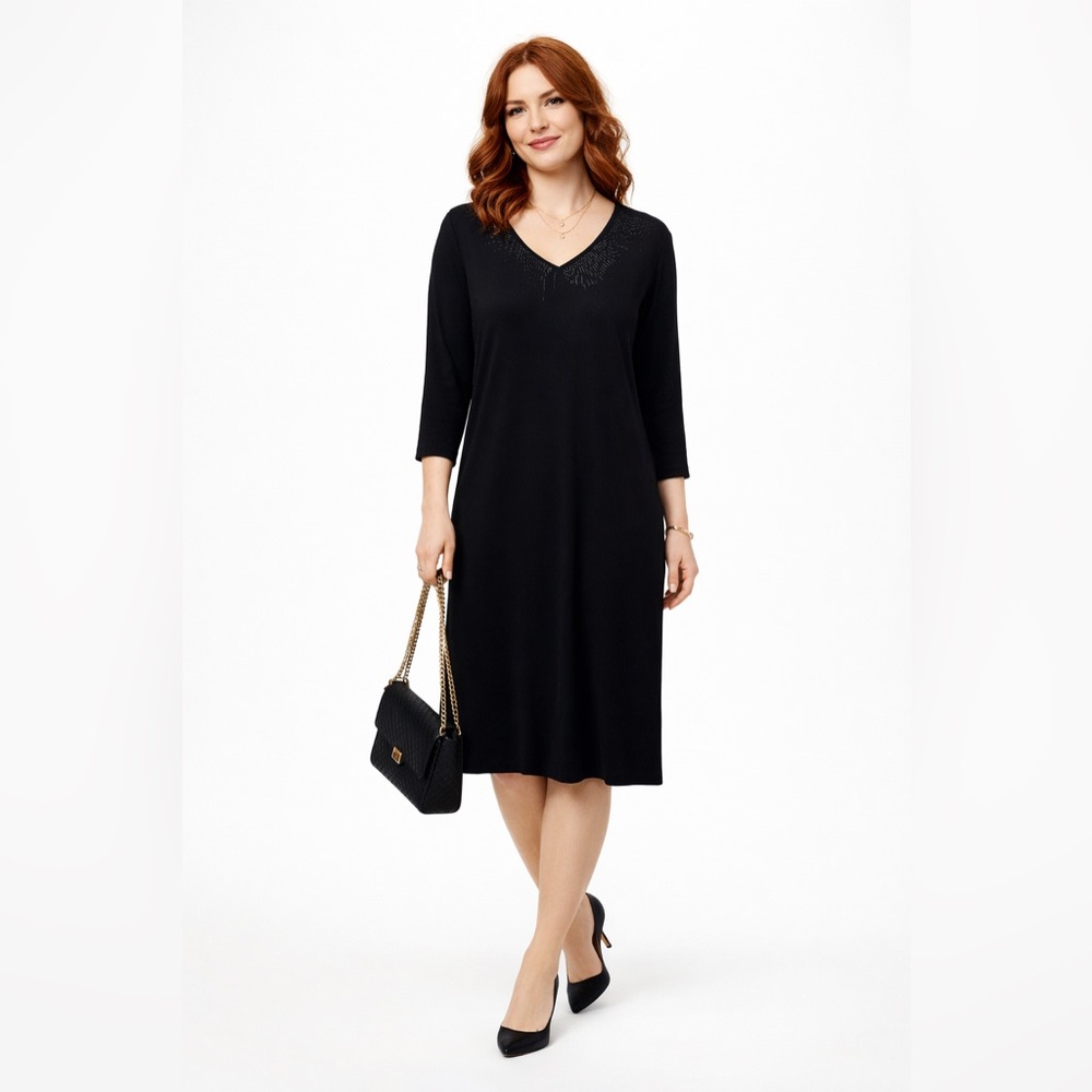 Ming Wang Black Knit Midi Dress XL Minimalist Quiet Luxury Capsule Stretch